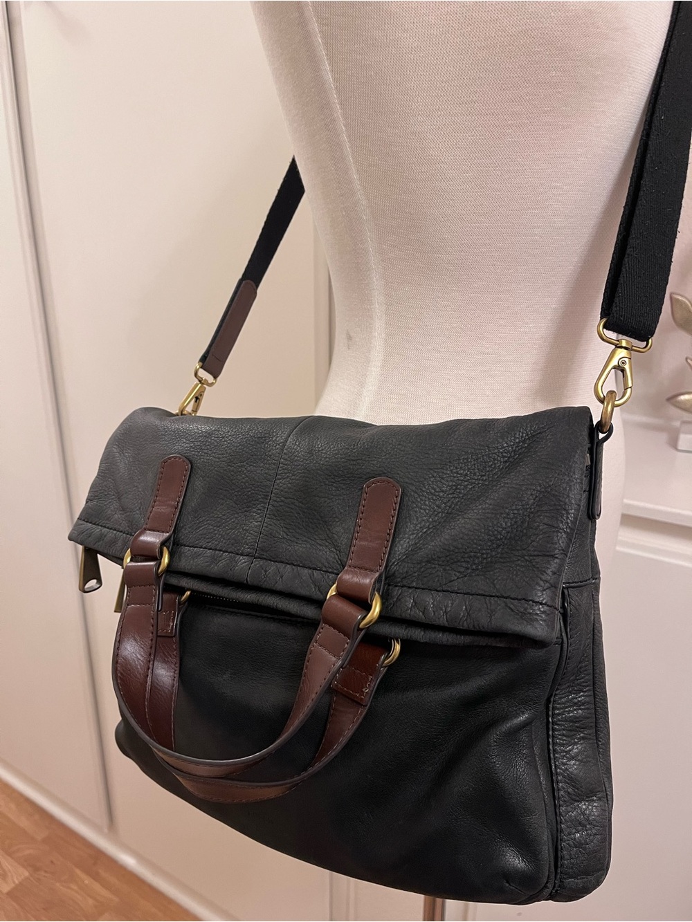 Fossil Black Leather Satchel with Brown Handles and Gold Hardware